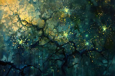 Leuchtende Äste im dunklen Wald: Abstraktion in Gold und Türkis